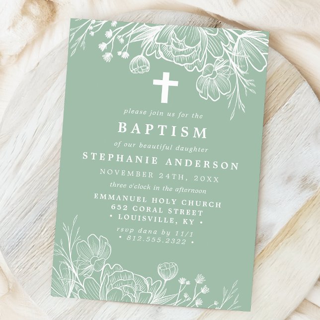 Convite Dusty Mint e White Floral Baptism (Criador carregado)