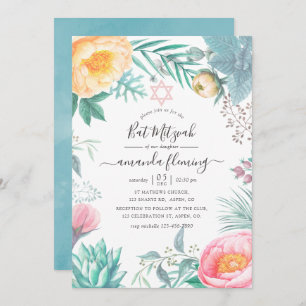 Convite Dusty Pastel Tropical Floral Summer Bat Mitzvah