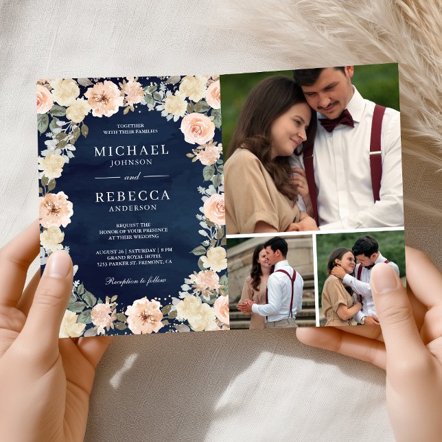 Convite Dusty Peach Floral Navy Blue QR Code Wedding (Criador carregado)