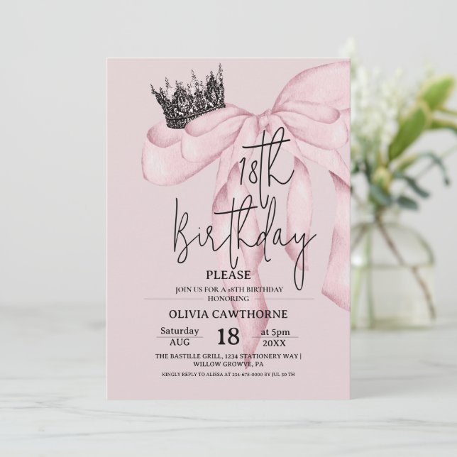 Convite Dusty Pink 18th Birthday ⎮Pink Royal Bow Party (Em pé/Frente)