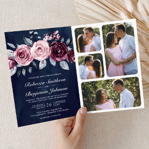 Convite Dusty Pink Ameixa Roxo Floral Código QR Casamento