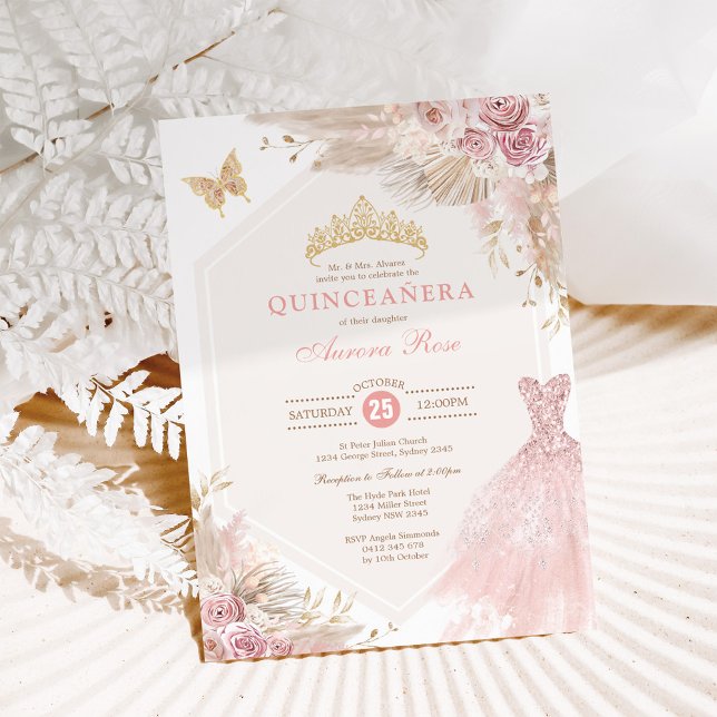 Convite Dusty Pink Boho Floral Quinceañera 15 Birthday (Criador carregado)