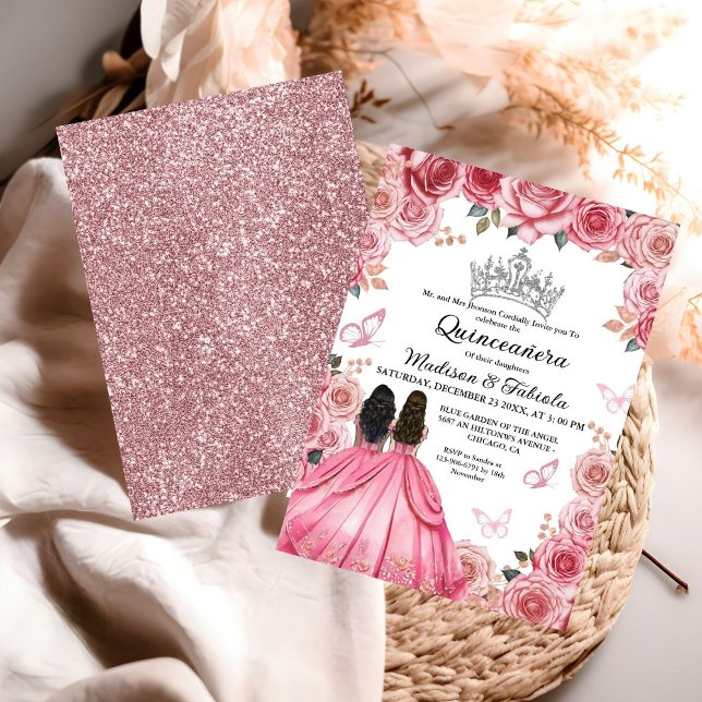 Convite Dusty Pink Borboleta Floral Gêmea Quinceanera (Criador carregado)