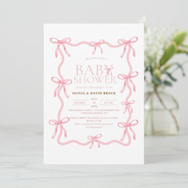 Convite Dusty Pink Bow Pastel Baby Shower (Em pé/Frente)