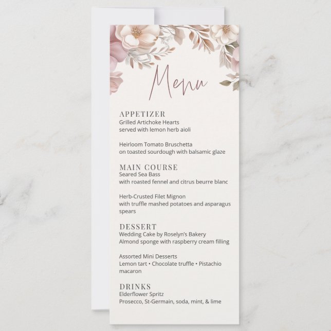 Convite Dusty Pink Cream Magnolia Floral Wedding Menu Card (Frente)