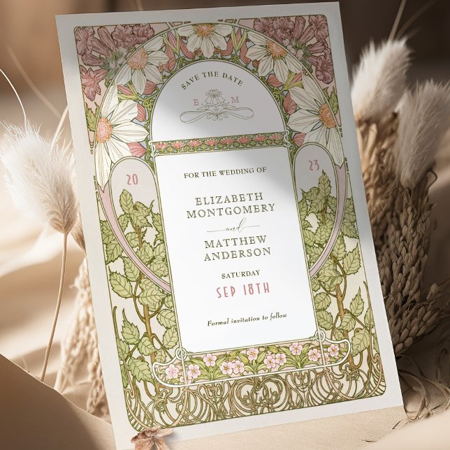 Convite Dusty Pink Daisies Salva Data Art Nouveau Mucha (Criador carregado)