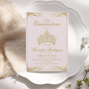 Convite Dusty Pink Dourada Tiara Princess Quinceañera
