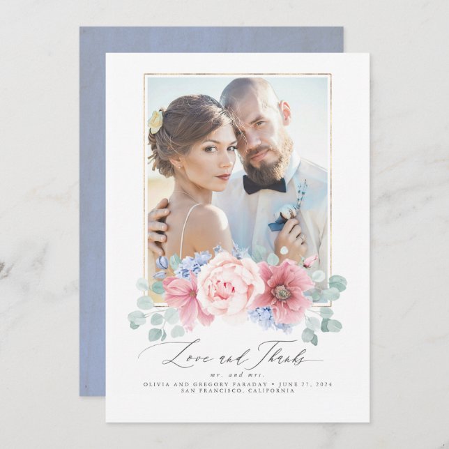 Convite Dusty Pink e Dusty Blue Floral Casamento Obrigado (Frente/Verso)