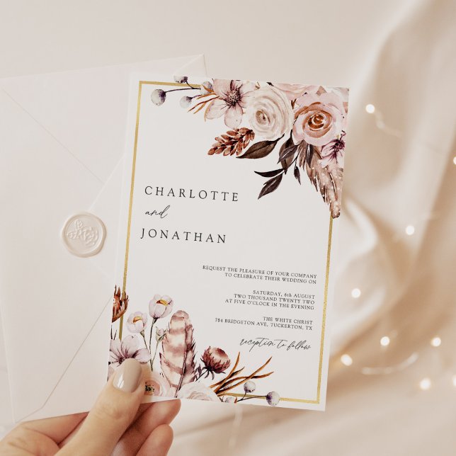 Convite Dusty Pink e Mauve Dourado Casamento Foliar de Qua (Criador carregado)