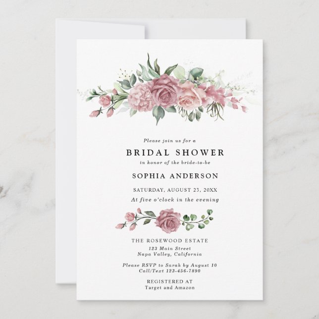 Convite Dusty Pink Floral Bridal Shower Invitation (Frente)