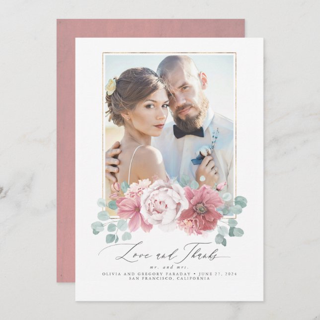 Convite Dusty Pink Floral Casamento Obrigado (Frente/Verso)