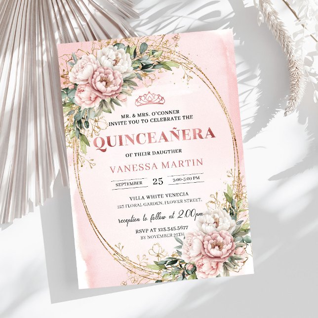 Convite Dusty Pink Floral Eucalyptus 15th Birthday Invite (Dusty Pink Floral Eucalyptus 15th Birthday Invite)