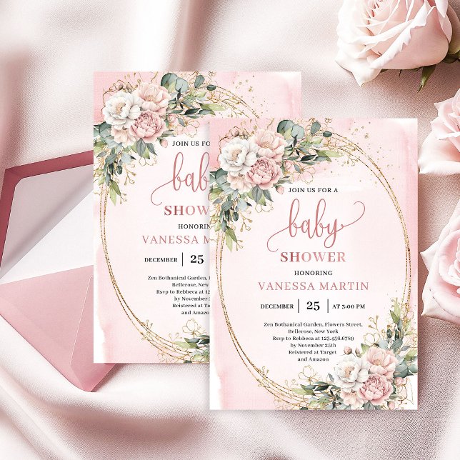 Convite Dusty Pink Floral Greenery Baby Girl Shower Invite (Dusty Pink Floral Greenery Baby Girl Shower Invite)