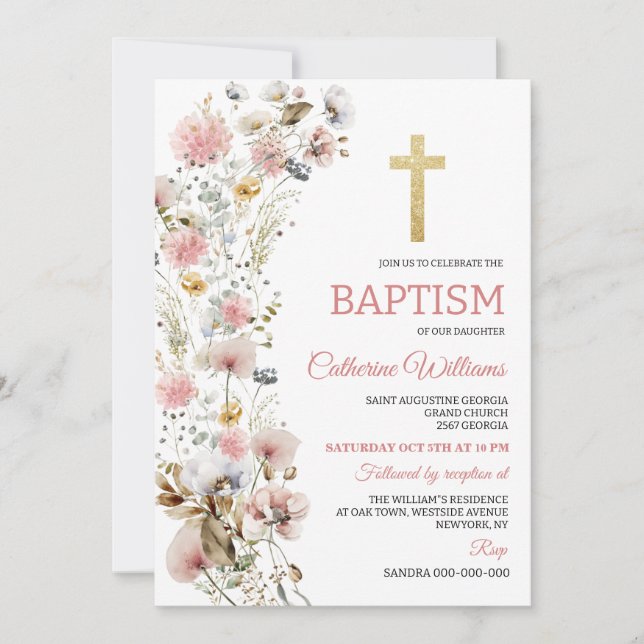 Convite Dusty Pink Flowers Elegant Girls Baptism  (Frente)