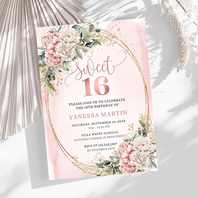 Convite Dusty Pink Flowers Eucalyptus Sweet 16 Invitation (Dusty Pink Flowers Eucalyptus Sweet 16 Invitation)