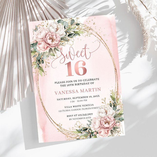 Convite Dusty Pink Flowers Eucalyptus Sweet 16 Invitation (Dusty Pink Flowers Eucalyptus Sweet 16 Invitation)