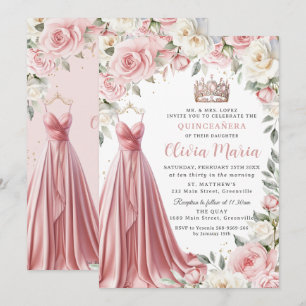 Convite Dusty Pink Ivory Floral Gown Quinceañera