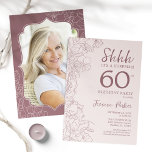 Convite Dusty Pink Mauve Photo Surpresa 60º Aniversário<br><div class="desc">O convite de aniversário 60º, cor-de-rosa e mauve, com a sua foto na parte de trás do cartão. O Trendy Boho, porém moderno design feminino, apresenta sotaques botânicos e fontes de script de tipografia. Simples cartão de convite floral perfeito para uma festa surpresa na moda. Pode ser personalizado para qualquer...</div>