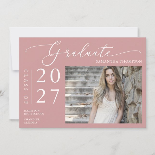 Convite Dusty Pink Minimal Script School Graduation Photo (Frente)