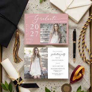 Convite Dusty Pink Minimal Script School Graduation Photo