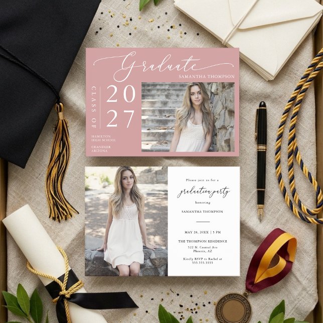 Convite Dusty Pink Minimal Script School Graduation Photo (Criador carregado)