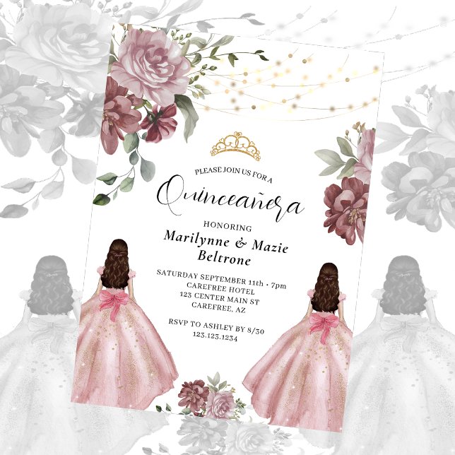 Convite Dusty Pink Princesa Floral Gêmeas Quinceañera (Criador carregado)