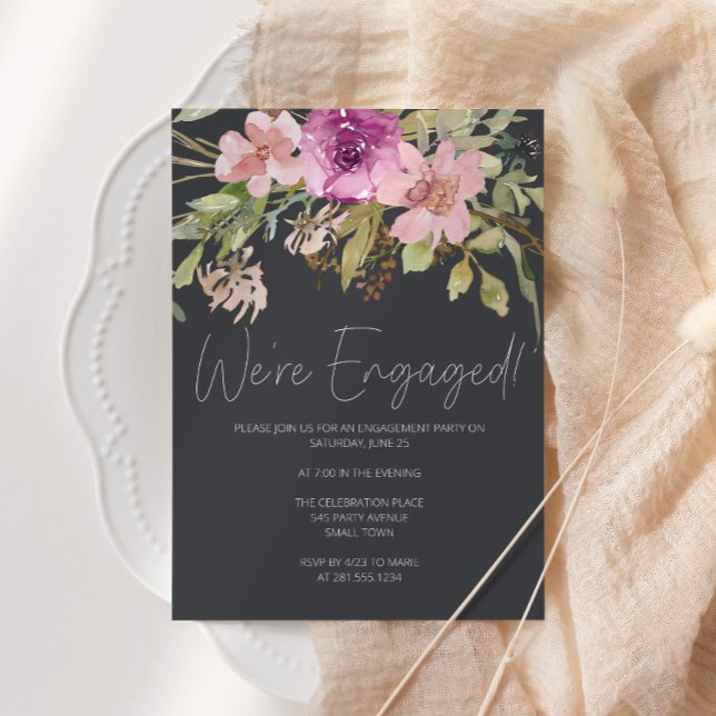 Convite Dusty Pink Purple Floral Charcoal Engagement Party (Criador carregado)