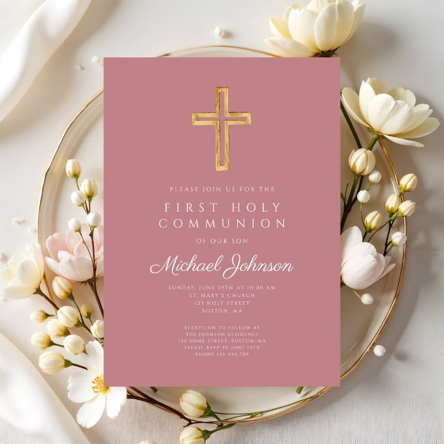 Convite Dusty Pink Religious Cross Girl First Communion (Dusty Pink Religious Cross Girl First Communion Invitation)
