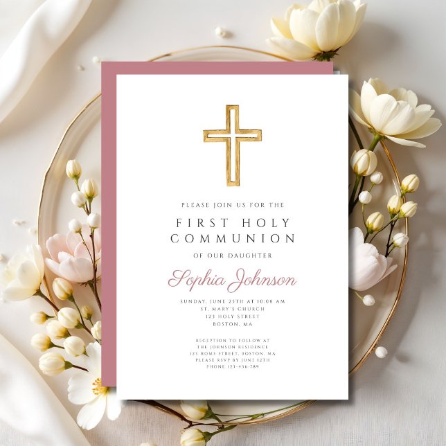 Convite Dusty Pink Religious Cross Girl First Communion (Dusty Pink Religious Cross Girl First Communion Invitation)