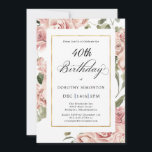 Convite Dusty Pink Rose Festa de aniversário de 40 anos Fl<br><div class="desc">Um convite bonito para uma ocasião muito especial. Rosas cor-de-rosa poeirentas e folhas verdes sábias criam uma bela borda com uma fina armação de ouro. aniversário de 40 anos é escrito em uma caligrafia elegante. Os detalhes de aniversário são muito fáceis de personalizar. Perfeito para uma comemora de aniversário que...</div>