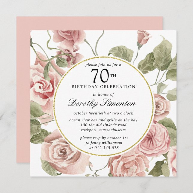 Convite Dusty Pink Rose Floral 70 Birthday (Frente/Verso)