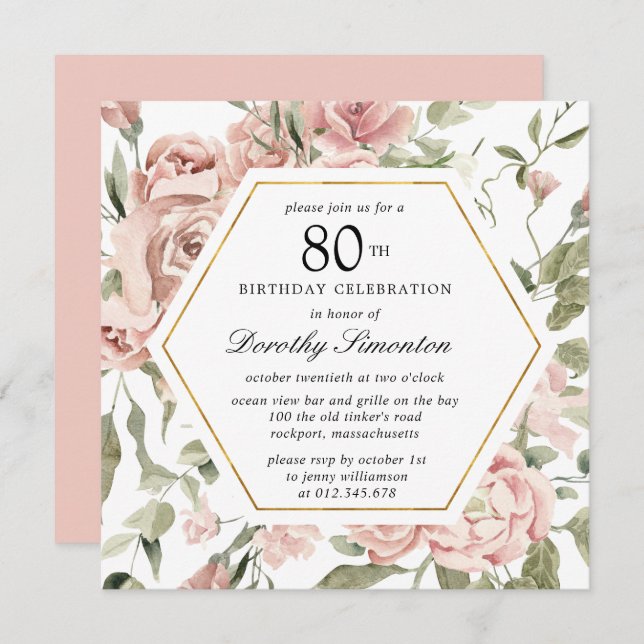 Convite Dusty Pink Rose Floral 80 Birthday (Frente/Verso)