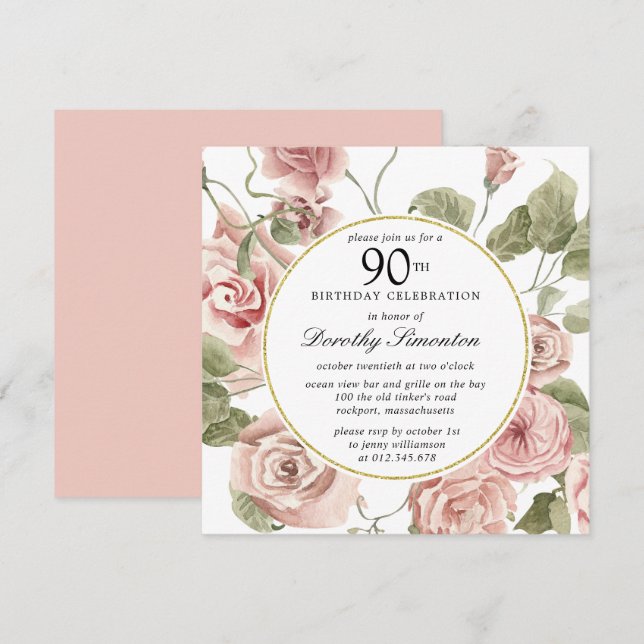 Convite Dusty Pink Rose Floral 90 Birthday (Frente/Verso)