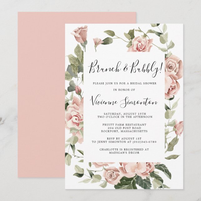 Convite Dusty Pink Rose Floral Brunch e Bubble (Frente/Verso)