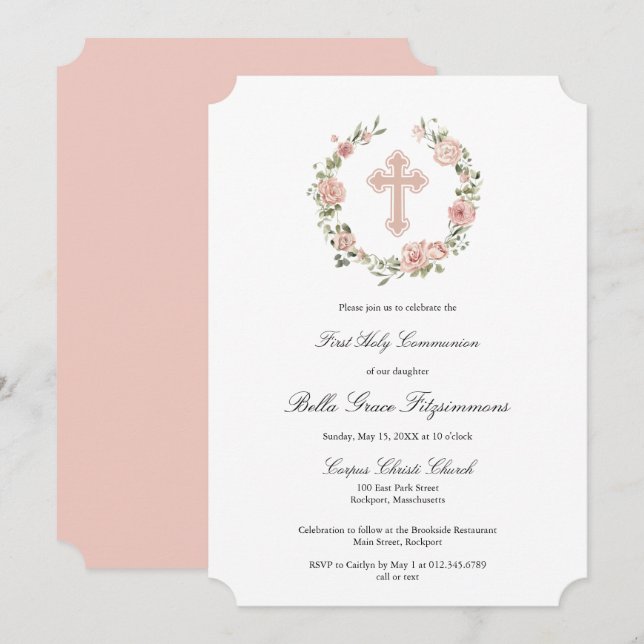 Convite Dusty Pink Rose Floral Cross First Communes (Frente/Verso)
