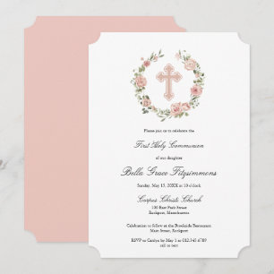 Convite Dusty Pink Rose Floral Cross First Communes