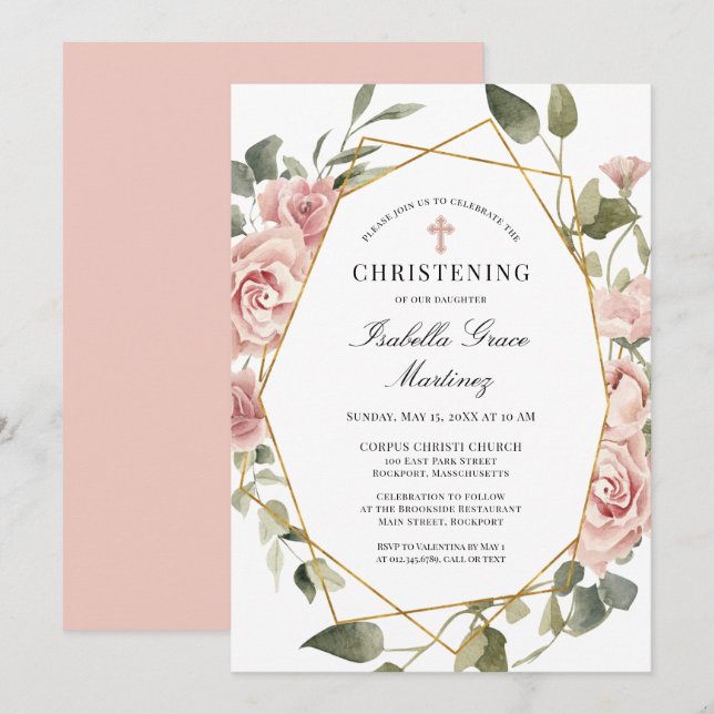Convite Dusty Pink Rose Floral Elegante Christening (Frente/Verso)