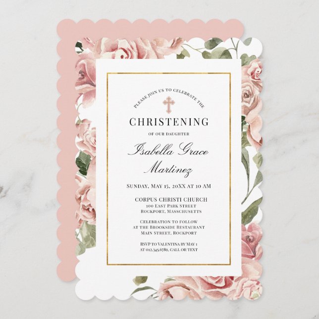 Convite Dusty Pink Rose Floral Elegante Christening (Frente/Verso)