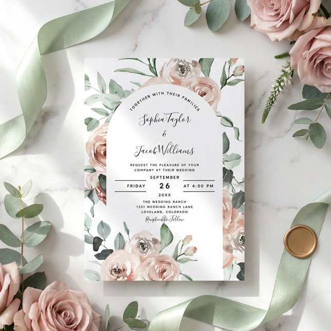 Convite Dusty Pink Roses Floral Eucalyptus Wedding (Criador carregado)
