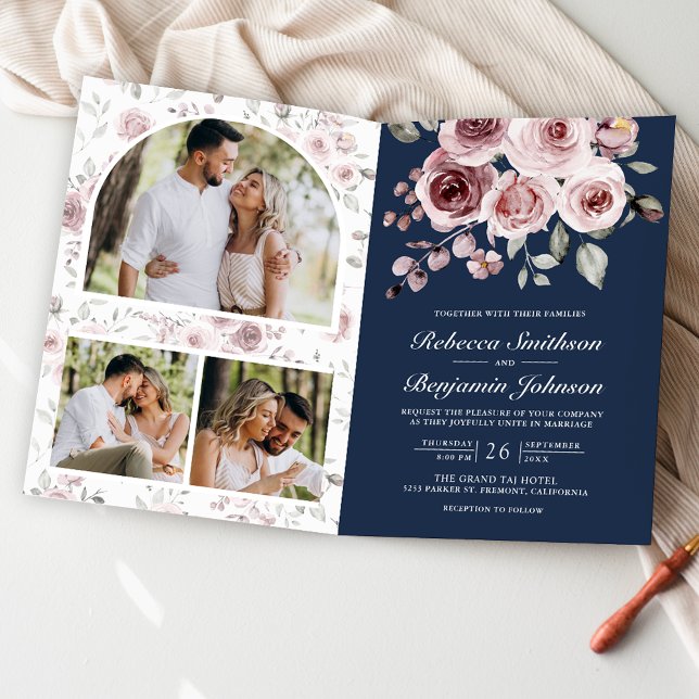 Convite Dusty Pink Roses QR Code Navy Blue Wedding (Criador carregado)