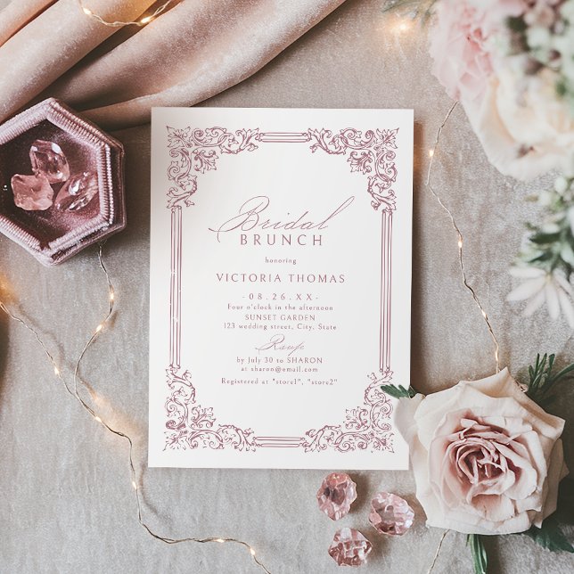 Convite Dusty Pink Vintage Frame Elegante Bridal Brunch (Dusty Pink Vintage Frame Elegant Bridal Brunch Invitation)