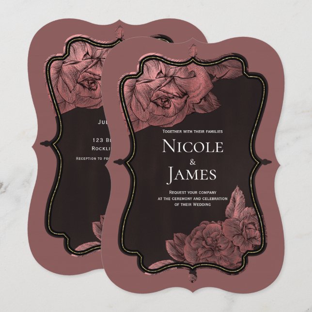 Convite Dusty Pink Vintage Rosa, Casamento Elegante Dourad (Frente/Verso)