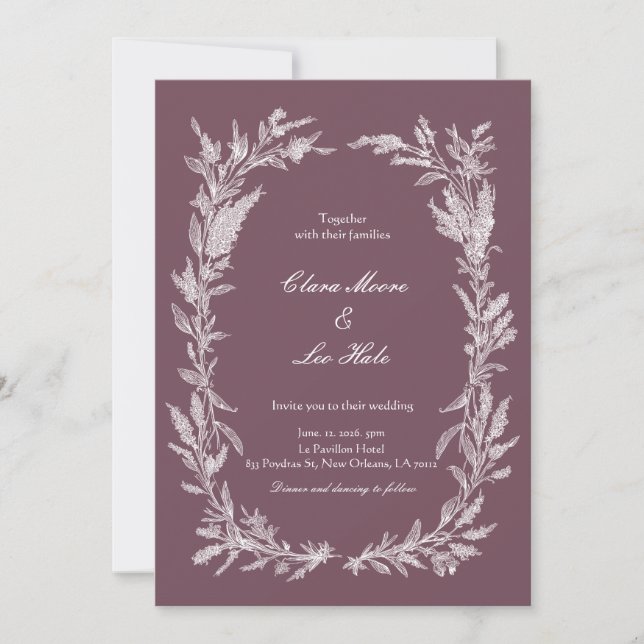 Convite Dusty Plum White Line Art Botanical Wedding Invita (Frente)
