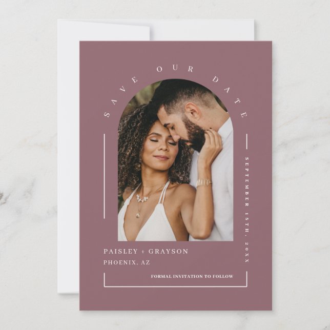 Convite Dusty Purple Boho Arch Photo Código QR Guarde noss (Frente)