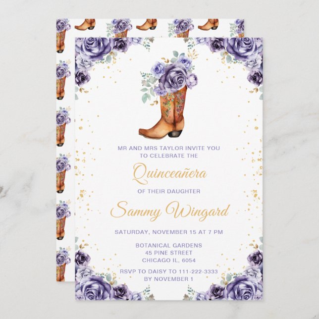 Convite Dusty Purple Dourada Floral Boot Quinceañera (Frente/Verso)
