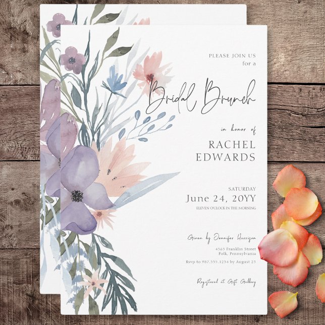 Convite Dusty Purple e Blue Boho Bridal Brunch (Dusty Purple & Blue Boho Floral Bridal Brunch Invitation)