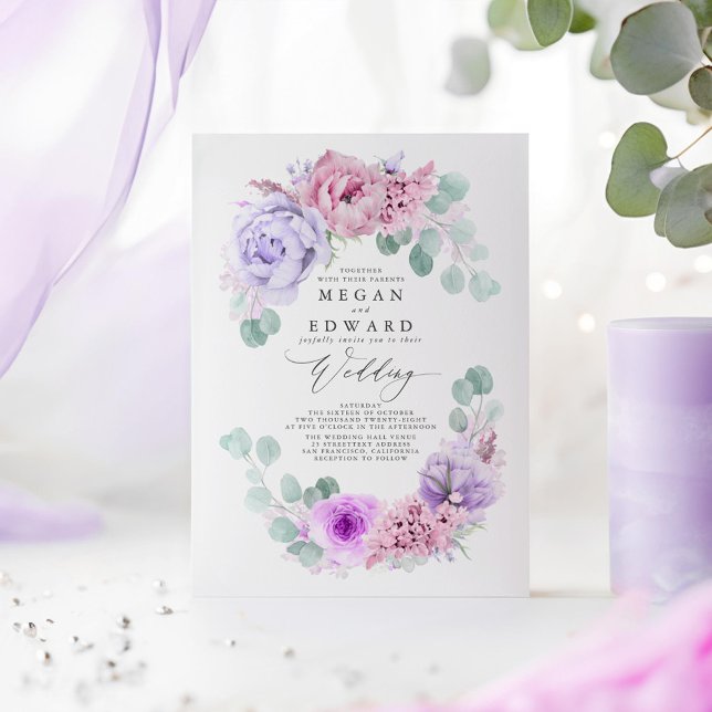 Convite Dusty Purple e Pink Floral Elegante Boho Casado (Dusty Purple and Pink Floral Wedding Invitations)