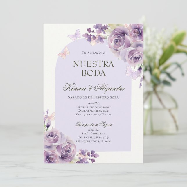 Convite Dusty Purple Floral Elegant Boho Wedding Invitaion (Em pé/Frente)
