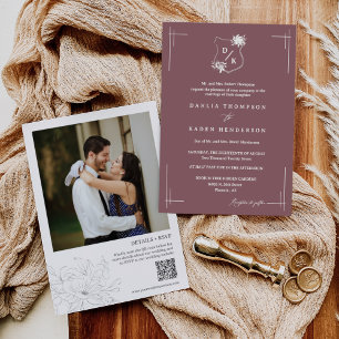 Convite Dusty Purple Floral Wedding Crest Código QR Foto