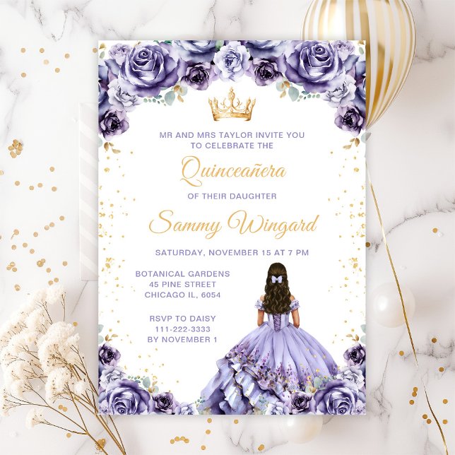 Convite Dusty Purple Princess Floral Quinceañera (Criador carregado)